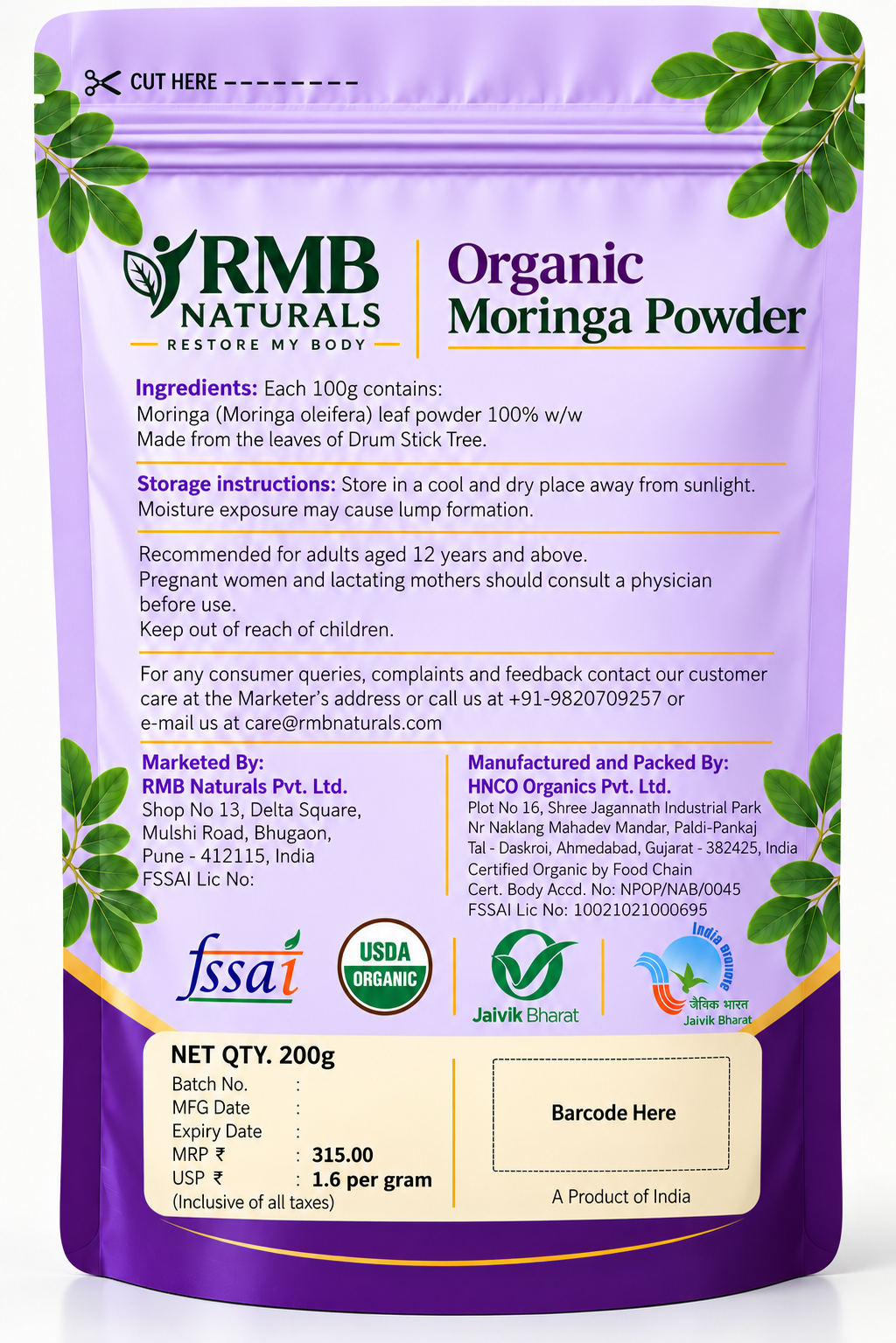 RMB Naturals Organic Moringa Powder